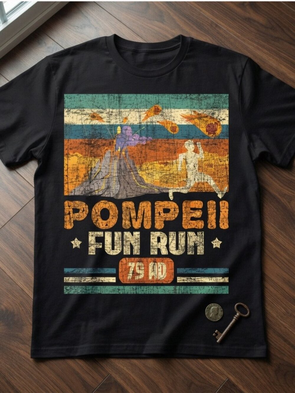 Pompeii Fun Run 79 AD Black Graphic T-Shirt Funny History Tee